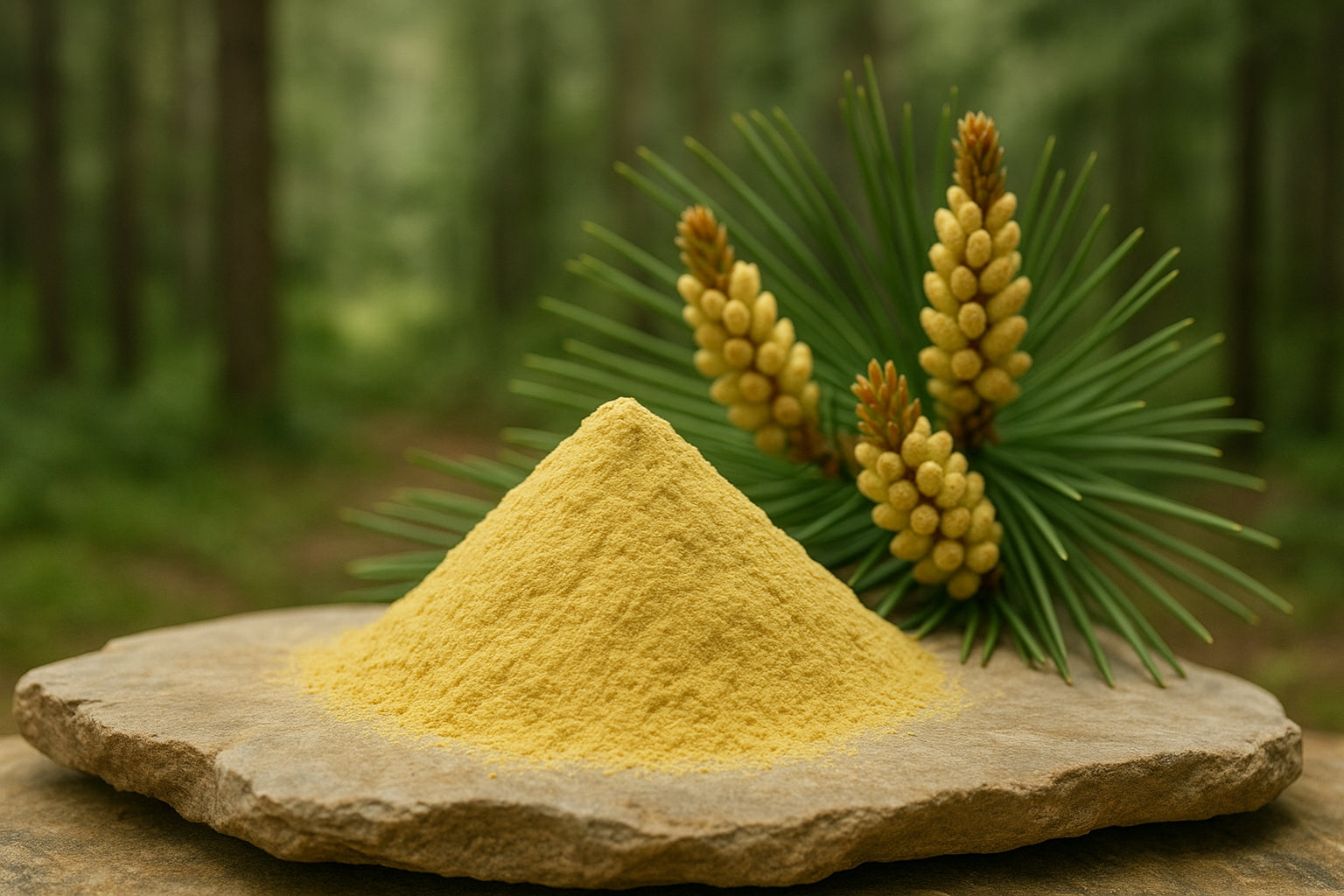 set in nature with a small heap of golden powder beside it and forest backdrop