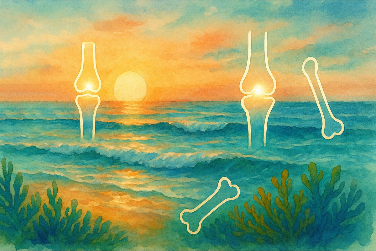 scene of the sea with sea weeds and bone icons