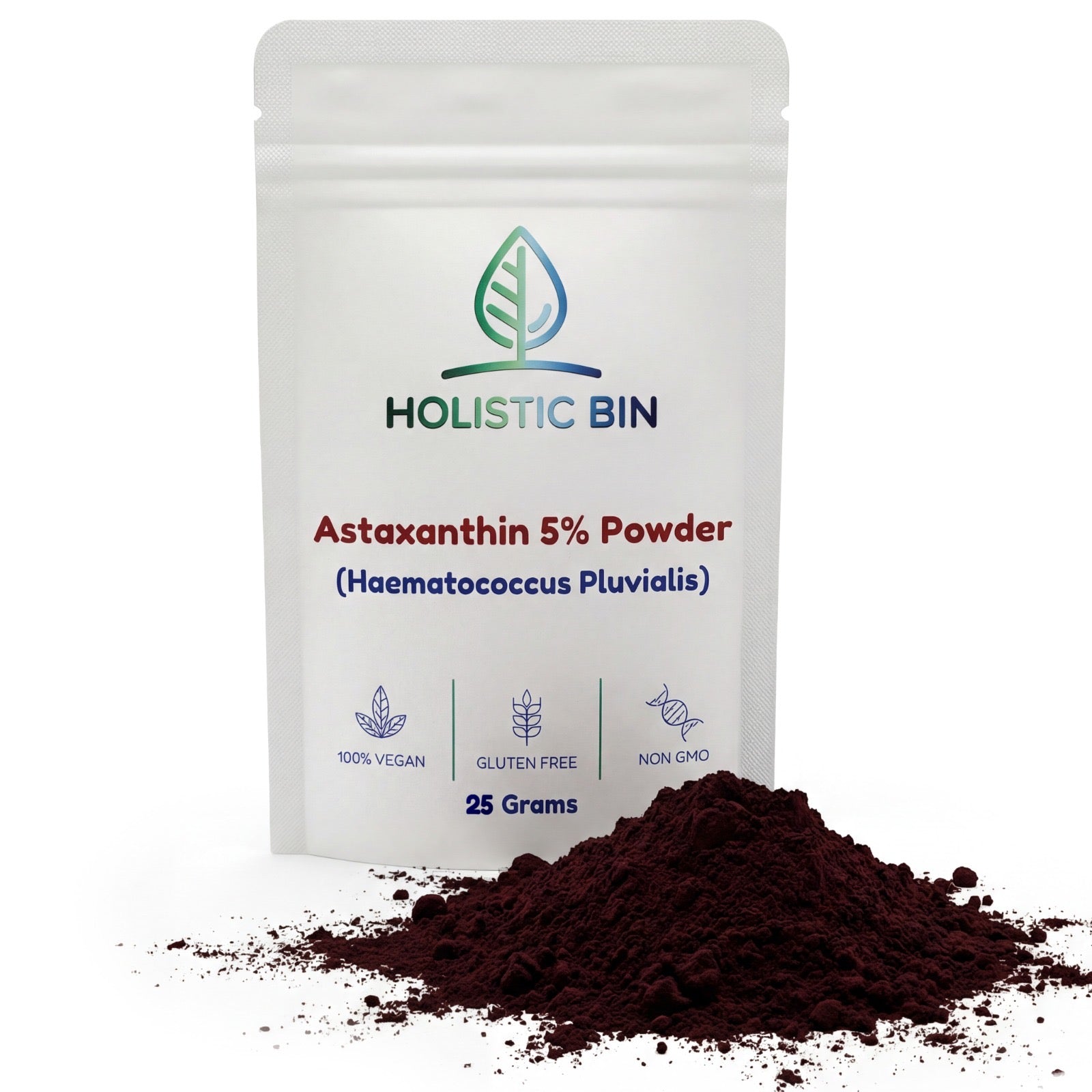 Holistic Bin Pure Astaxanthin Powder 25g pouch with 5% astaxanthin from Haematococcus pluvialis microalgae