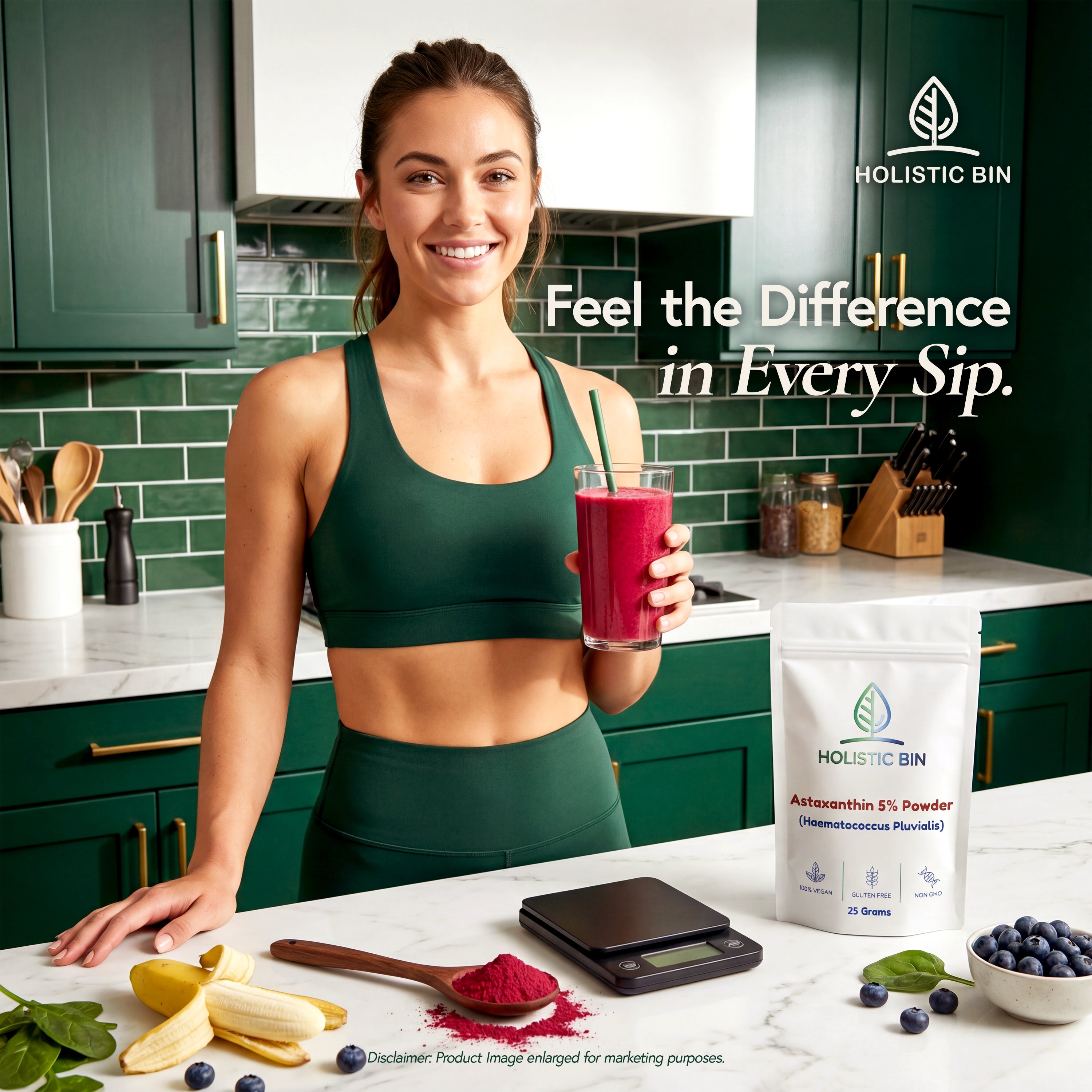 Woman holding a smoothie in a kitchen with Holistic Bin products displayed.