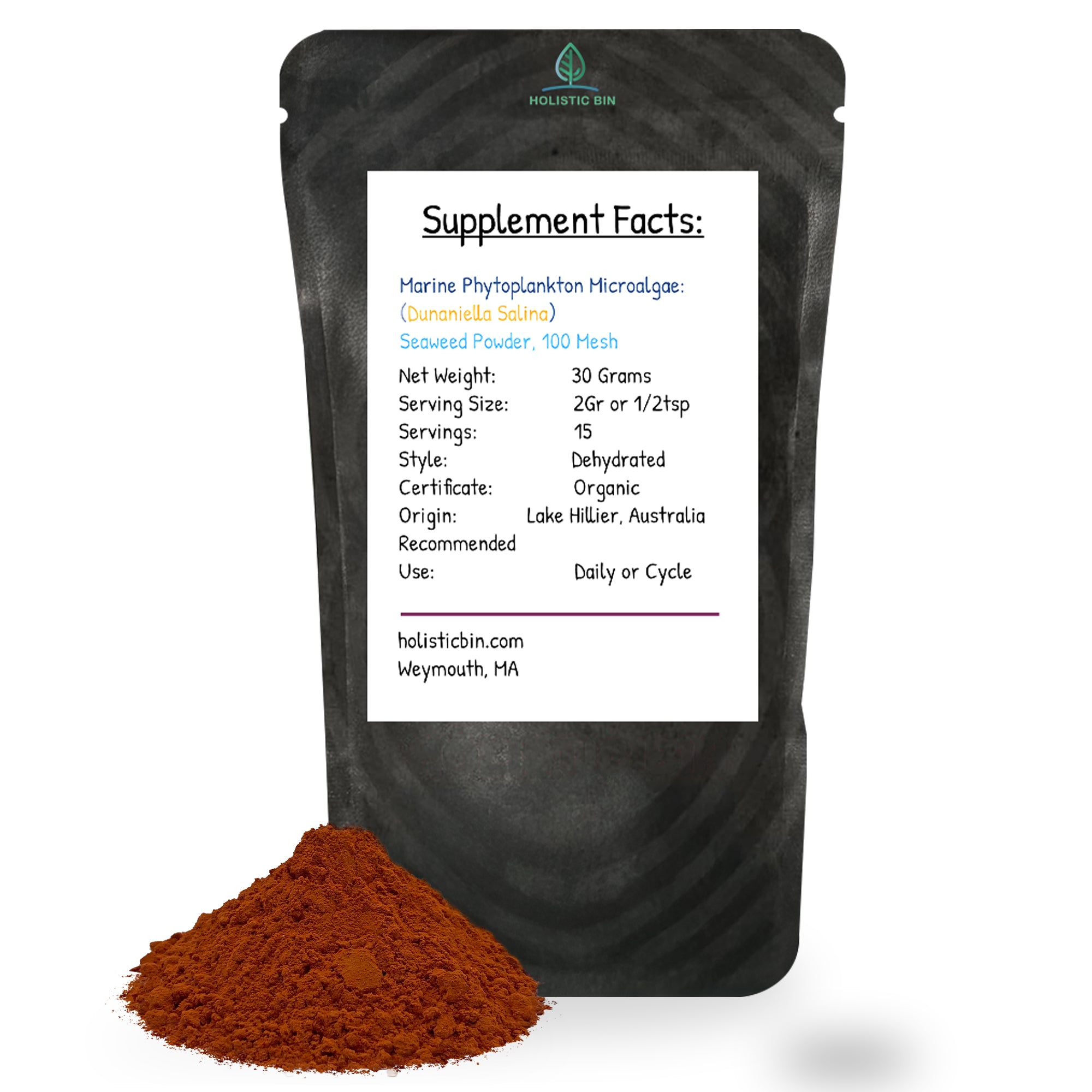Holistic Bin grocery and gourmet Dunaliella salina biomass powder with fine algae texture