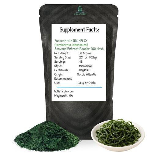 Front view of Holistic Bin Laminaria japonica fucoxanthin extract powder in 30 gram package