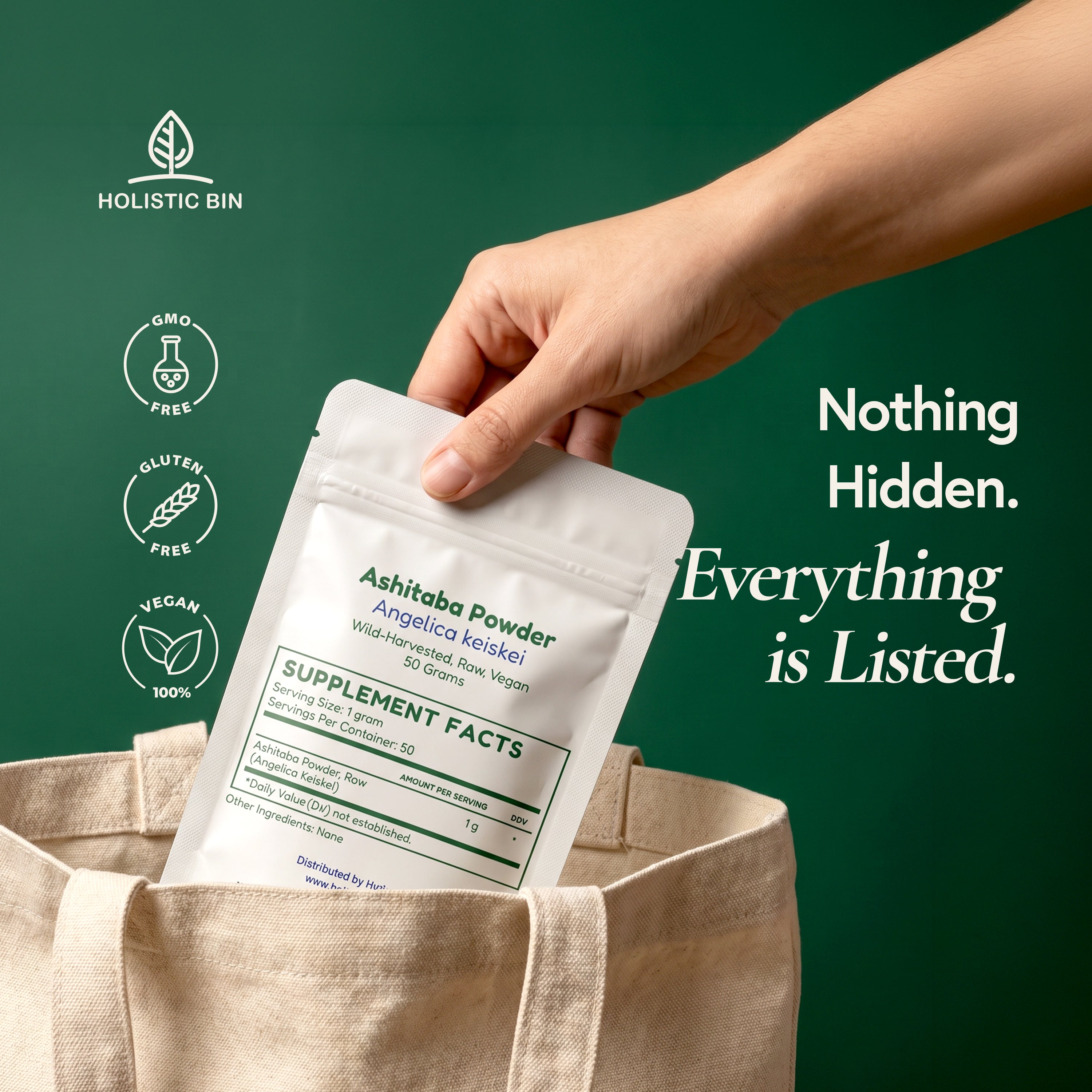 Premium organic ashitaba leaf powder from Japan in a 50g pouch for smoothies tea and daily wellness blends