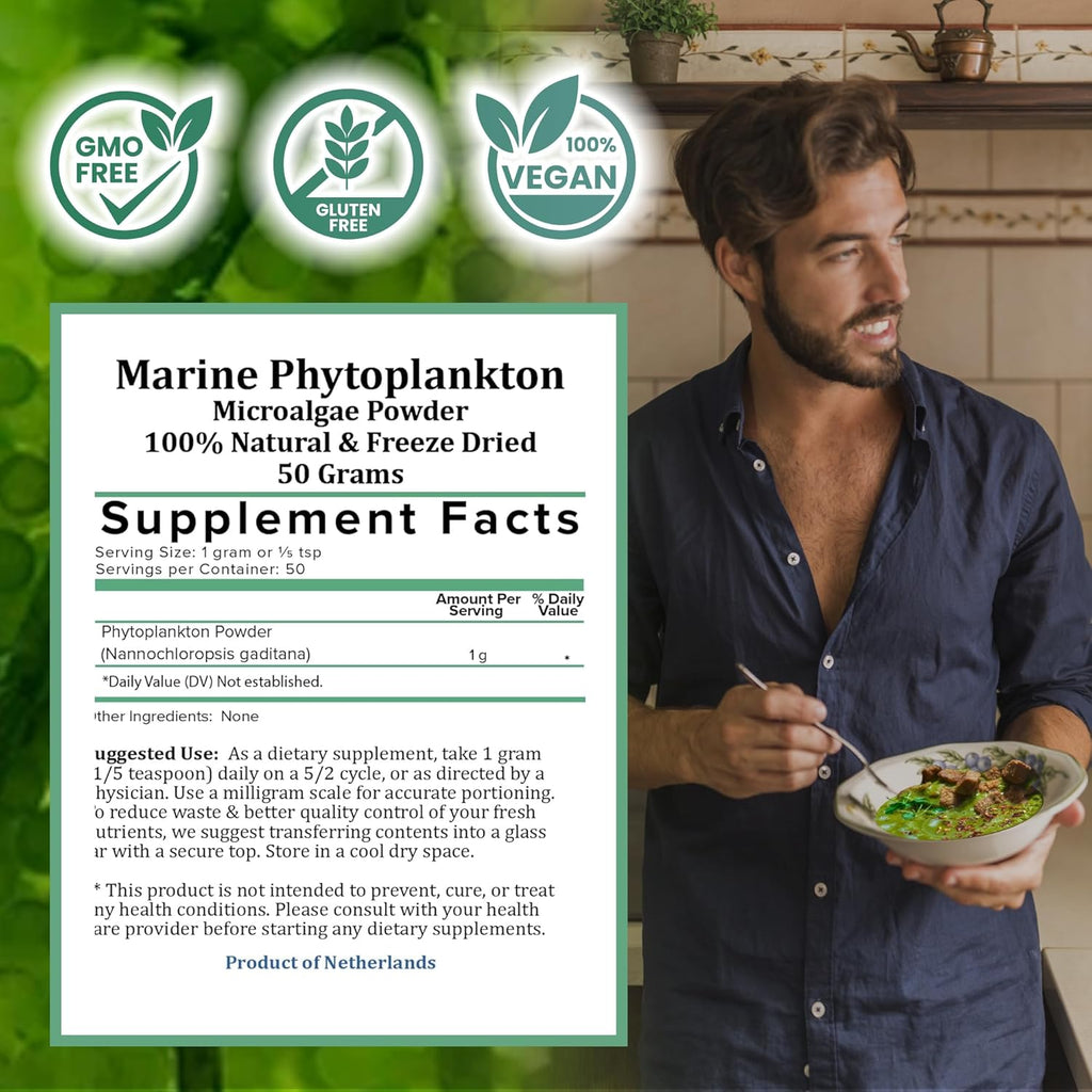 Holistic Bin Nannochloropsis gaditana marine phytoplankton powder premium algae superfood in 50 gram pouch