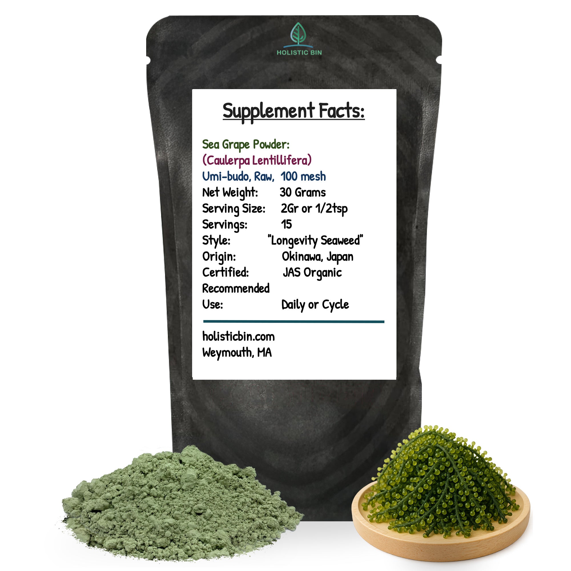 Premium JAS Organic umi-budo sea grape powder by Holistic Bin finely milled seaweed powder for pantry use