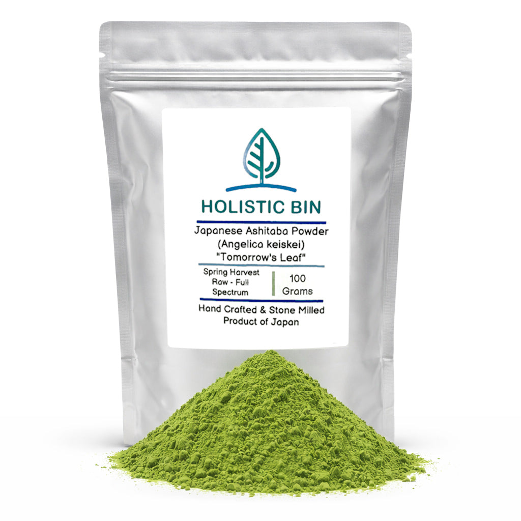 Premium organic ashitaba leaf powder from Japan in a 50g pouch for smoothies tea and daily wellness blends