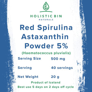Organic Astaxanthin (5%) Powder  Haematococcus Pluvialis Algae Supplement (20 Grams)